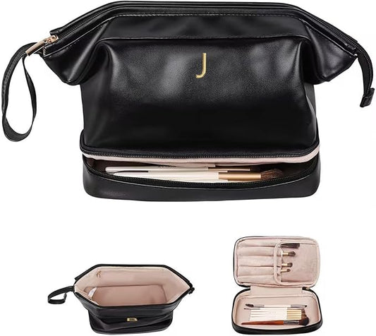 Makeup Bag for Women, Personalized Double Layer Cosmetic Bag with Makeup Brush Organizer, Waterproof, Large Capacity PU Leather Travel Toiletry Bag Gift Gift for Mom，Personalized Gifts