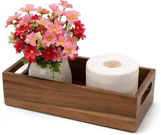 Natural Acacia Hardwood Bathroom Tray with Handles for Organizing Toiletries and Accessories - 12.25L x 6W in on Countertop, Shelf, or Tank Top Storage