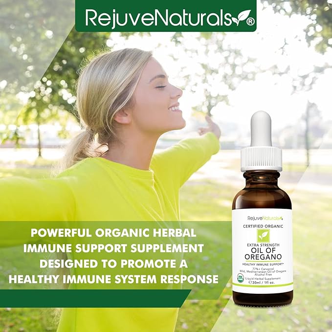RejuveNaturals Extra Strength Oil of Oregano, USDA Organic, 1 fl oz (30ml Liquid) Wild, Mediterranean Oregano Oil. Concentrated Immune Support Drops. Gluten Free, Vegan & Non-GMO. Min 77% Carvacrol