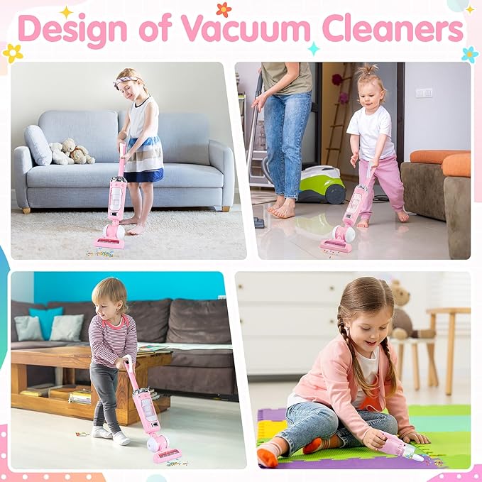 Kids Vacuum Cleaner Toy Set for Toddlers - 2PCS Toy Vacuum Sets for Toddlers 3+ Toddler Vacuum Toy That Works with Sound Effects, Baby Play Vacuum Pretend Role Play Household Housekeeping