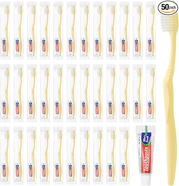 Disposable Toothbrush with Toothpaste Set, Individually Wrapped Soft Bristles Travel Size Manual Toothbrushes Kit in Bulk for Hotel/Travel/ Business/Donation/Homeless/Charity/Camping (50 Pack)