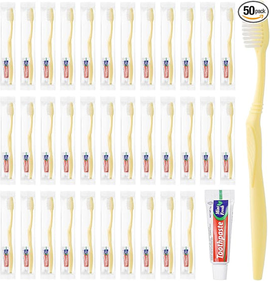 Disposable Toothbrush with Toothpaste Set, Individually Wrapped Soft Bristles Travel Size Manual Toothbrushes Kit in Bulk for Hotel/Travel/ Business/Donation/Homeless/Charity/Camping (50 Pack)