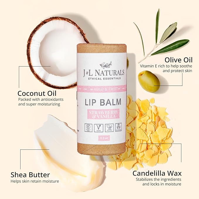 J&L Naturals Sustainable Lip Balm | Organic Ingredients, 100% Natural, Eco-Friendly | Cruelty Free, Vegan, Paraben Free, Silicone Free (Strawberry & Vanilla, 2-Piece Duo)