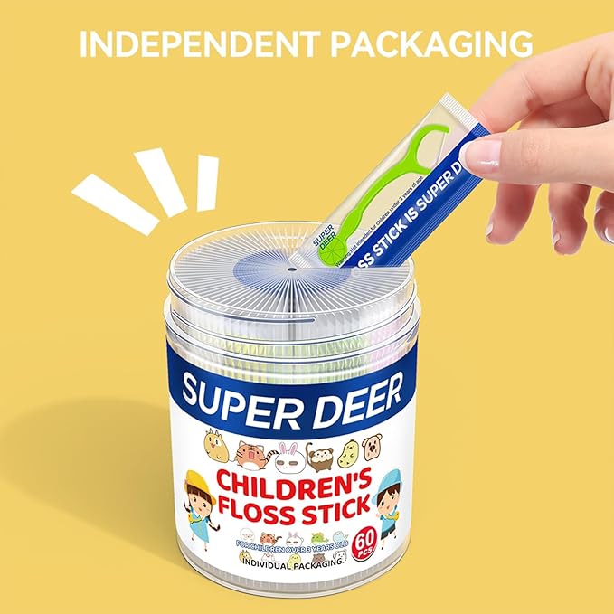 Super Deer Children's Dental Floss Sticks, 60 Count, Individually Packaged, Ages 3+, Shred Resistant, Perfect for School, Travel & Playdates