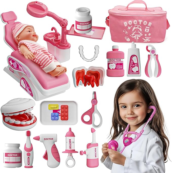 Toy Doctor Kit for Toddlers, Kids Dentist Play Set with Dentist Chair, Doll Toy, Stethoscope, Large Carrying Storage Bag, Dental Accessories, Pretend Doctor Play Medical Gift Kit for Girls(Pink