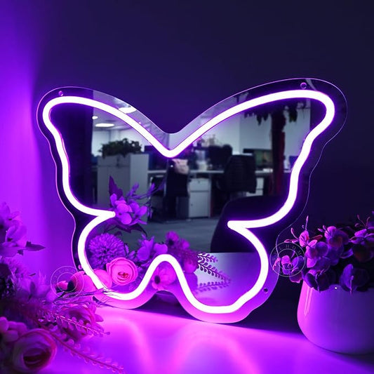 SYLHOME Butterfly Mirror Led Neon Light Sign Home Girls Bedroom Makeup Room Beauty Salon Studio Bar Wall Sign Decor Birthday Wedding Party Decoration 15.75" X 11.42" USB