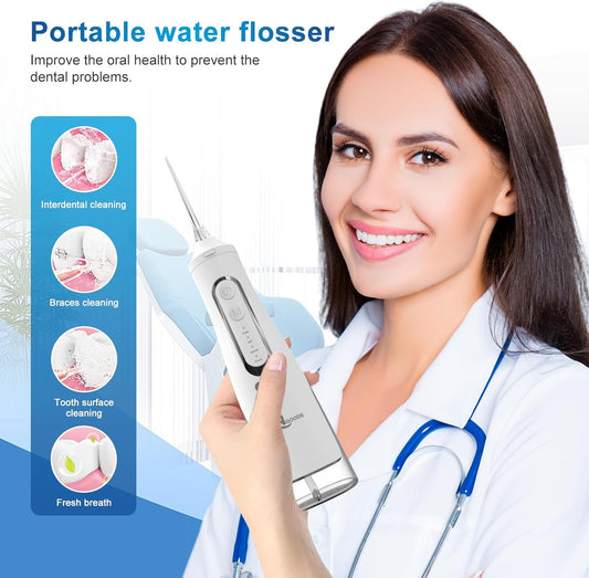 Cordless Water Dental Flosser Oral irrigator,JNGOODS 310ml Rechargeable Water flosser for Teeth IPX7 Waterproof 4 Modes Portable Oral Irrigator with 4 Jet Tips,Travel Home use (White)