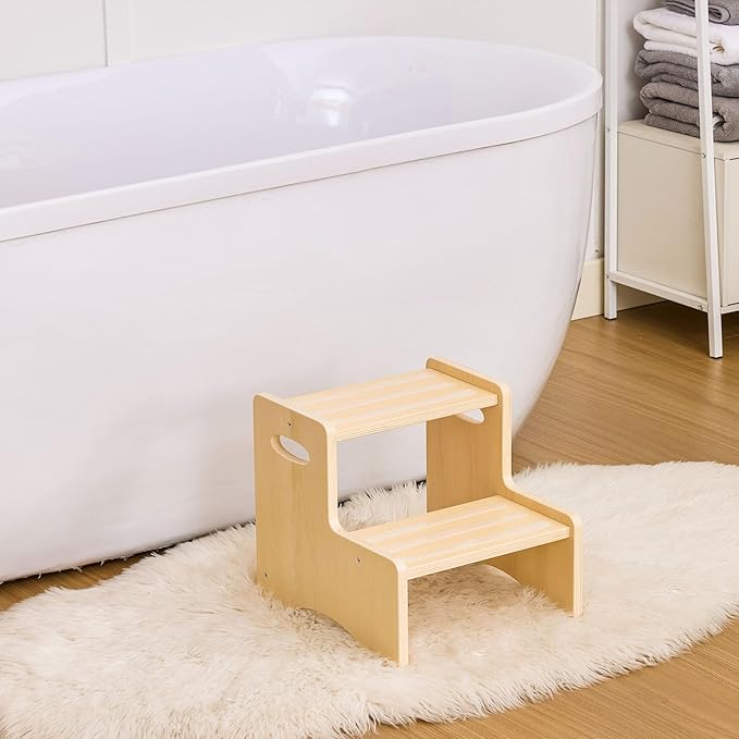 Wooden Toddler Step Stool for Kids, Two Step Stool with Non-Slip Pads & Handles, Potty Training Stool for Bathroom Sink, Toilet, Kitchen, Bedroom (Natural)