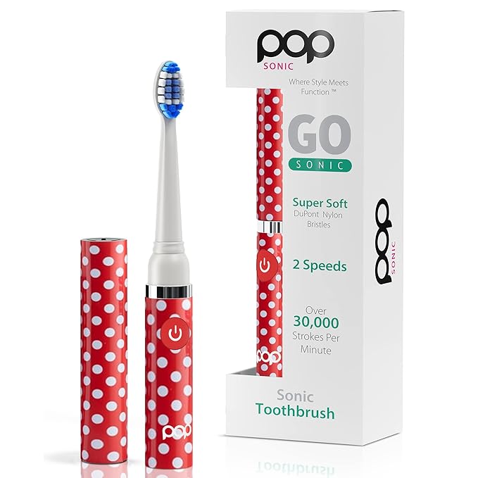 Pop Sonic Electric Toothbrush (Red Dots) - Travel Toothbrushes w/AAA Battery | Kids Electric Toothbrushes with 2 Speed & 15,000-30,000 Strokes/Minute, Dupont Nylon Bristles