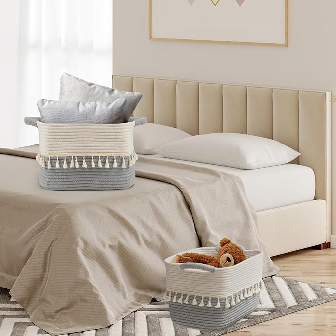 TeoKJ Storage Basket 3 Pack for Organizing, Cotton Rope Baskets for Toy, Clothes, Blankets, Decorative Basket for Living Room, Nursery, Bathroom, White & Gray