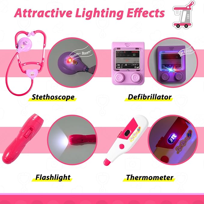 Liberry Doctor Kit for Toddlers Ages 2 3 4 5, Pretend Kids Doctor Playset with Cart, Costume and Stethoscope, Role Play Medical Toys Christmas Birthday Gift for Girls Boys (Pink)