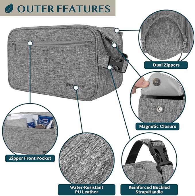 PAVILIA Toiletry Bag for Men, Travel Essentials Shaving Dopp Kit, Mens Travel Bag Toiletries Organizer Case for Grooming, PU Leather Water Resistant Cosmetic Bag Pouch (XL, Heather Grey)