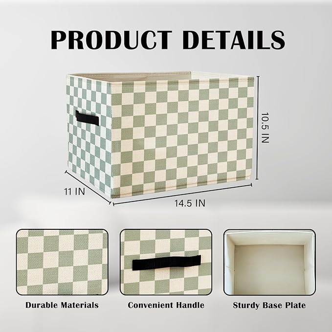 Sage Green Checkered Storage Basket Organizer Bins With Handles,Rectangular Organizing Decorative Storage Basket for Kids,Cute Aesthetic Checkered Room Decor for Bedroom Bathroom Classroom