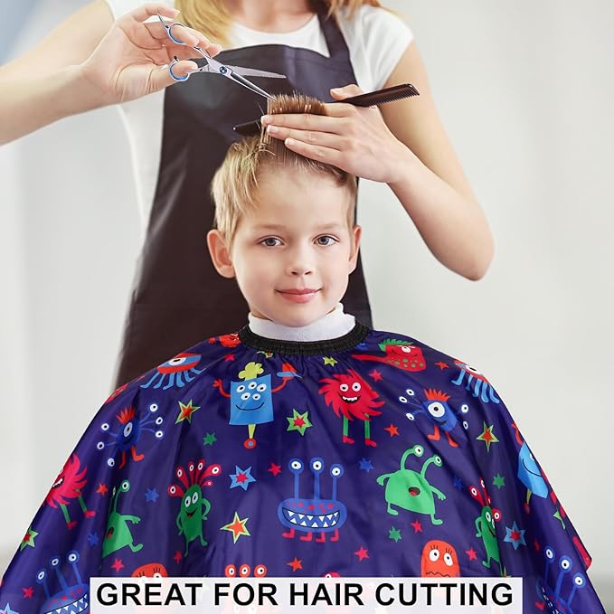 Kids Barber Cape with Neck Duster Brush, Professional Salon Hair Cutting Cape with Adjustable Snap Closure(Cartoon Monster)