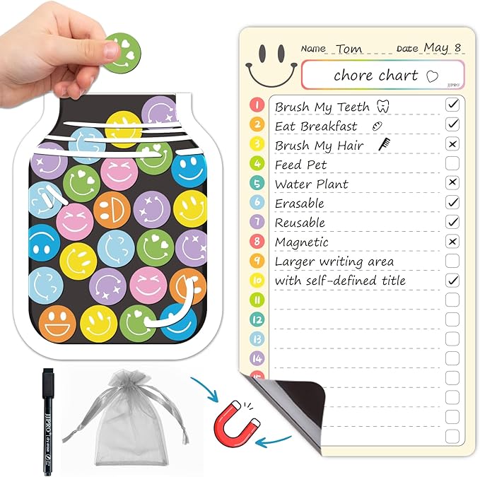 JJPRO Magnetic Chore Chart for Kids with Reward Jar- 10" x5.5“ Daily Checklist Board Routine Chart to Do List,Reward Chore Chart for Toddlers, Behavior Reward Chart System-Yellow