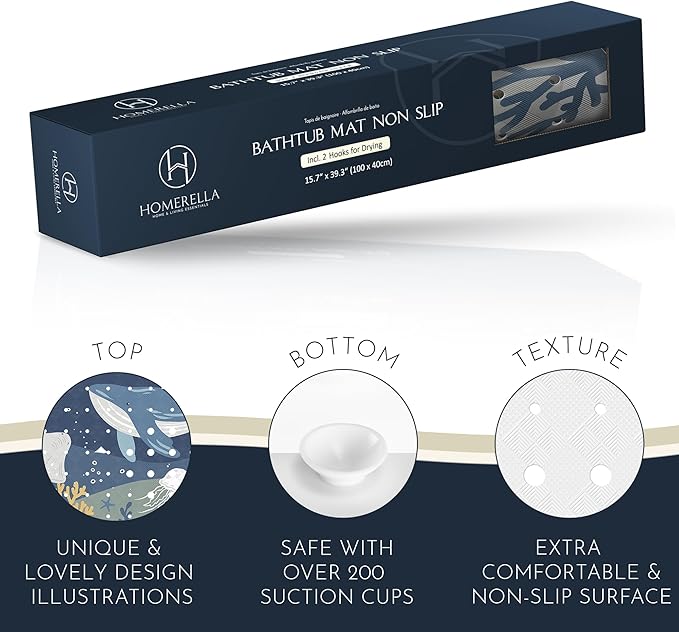 Homerella Baby Bath Tub Mat | Anti Mold Mildew Resistant Non Slip Kids and Adult Bath Tub Shower Mats | 40x16 inch Long with Suction Cups for Secure Grip Hooks for Storage & Drying | Machine Washable