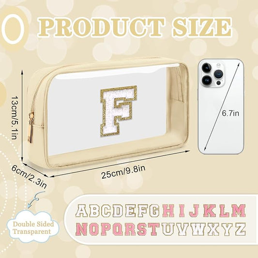 Small Clear Personalized Initial Makeup Bag,Nylon Preppy A-Z Chenille Letter Patch Cosmetic Pouch Beach Toiletry Bag,Waterproof Zipper Travel Purse Storage Bag Organizer for Women Girls(Beige-White F)