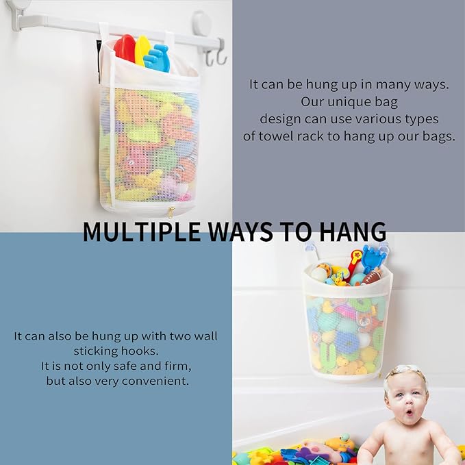 Large Capacity Baby Mesh Bath Toy Organizer, Multiple Ways to Hang, Extra Large Opening Bathroom Toy Storage, Bottom Zipper Bathtub Toy Storage Bag, Baby Shower Games bath Tub Accessory (White)