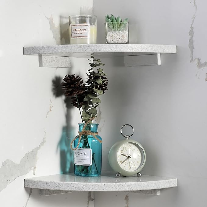 Koville 2 Pcs Wall Mounted White Marble Corner Shower Shelf for Bathroom, 10'' Polished Marble Corner Shelves for Bath, Stone Corner Shower Caddy - White Cliff (No Glue Included)