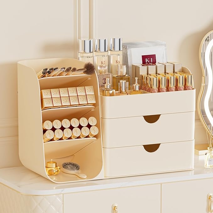 Makeup Organizer with Brush Holder for Vanity,Countertop Makeup Organizer with Drawers,Spacious Cosmetic Display Case,Perfect Storage Solution for Your Beauty Essential (Cream, Large)