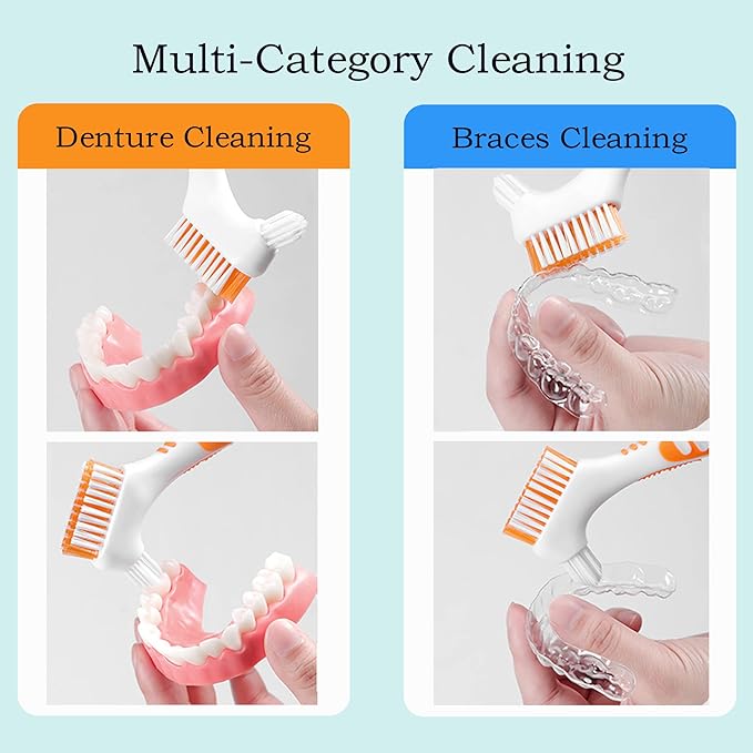 Denture Brush 4Pcs Denture Toothbrushes，Denture Cleaning Care Cleaning Brush ，Double Sided Toothbrush，Multi-Layered Bristles and Rubber Anti-Slip Handle (Purple, Green, Blue, Orange)