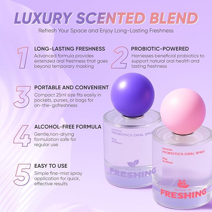 Probiotic Oral Spray, Mint & Peach Flavor Combo, Breath Spray with Prebiotics and Probiotics, Long-Lasting Freshness, Alcohol-Free, Convenient Travel-Sized, 25ml/0.85oz