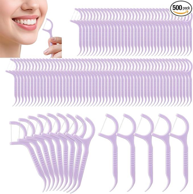 Bulk Floss Picks Dental Floss Sticks Bulk for Teeth, Floss Picks Dental Floss Picks Bulk for Family, Travel, Braces & Sensitive Teeth Dental Hygiene Essentials (500,Purple)
