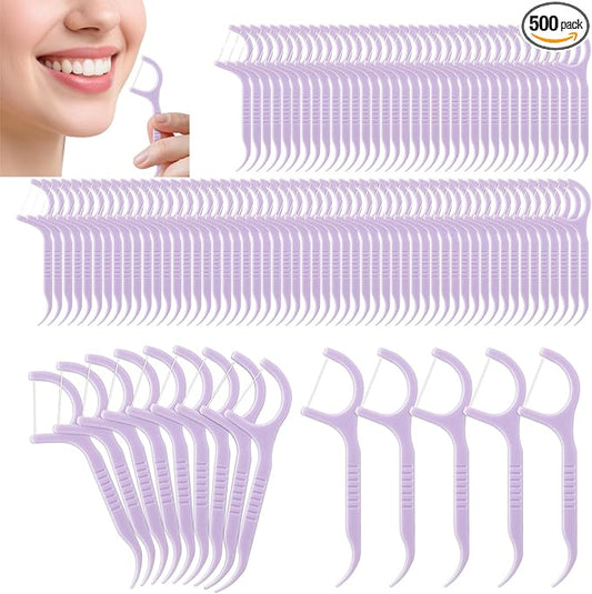 Bulk Floss Picks Dental Floss Sticks Bulk for Teeth, Floss Picks Dental Floss Picks Bulk for Family, Travel, Braces & Sensitive Teeth Dental Hygiene Essentials (500,Purple)