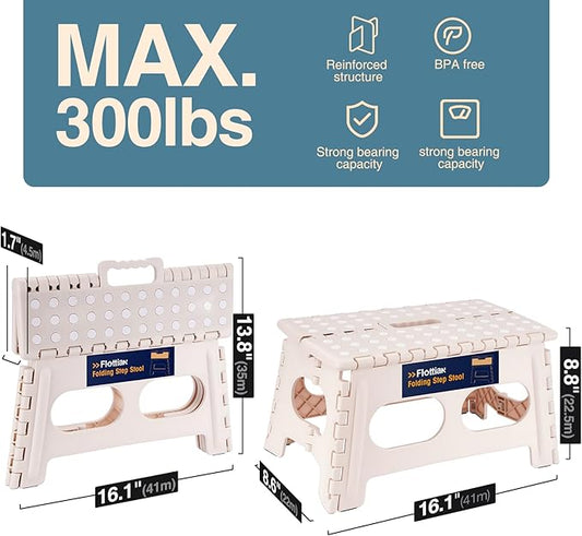 Flottian 9" Folding Step Stool for Adults and Kids 15-Inch Extra Wide Stool Holds Up to 300 lbs,Non-Slip Folding Stools with Handle,Compact Plastic Foldable Step Stool for Bathroom,Kitchen,ect,Khaki