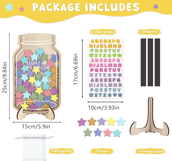 45Pcs Magnetic Reward Jar, Large 9.84 x 5.9“ Star Jar, Reward System for Kids Home Behavior School Classroom Incentives Potty Training with Colorful DIY Name Stickers