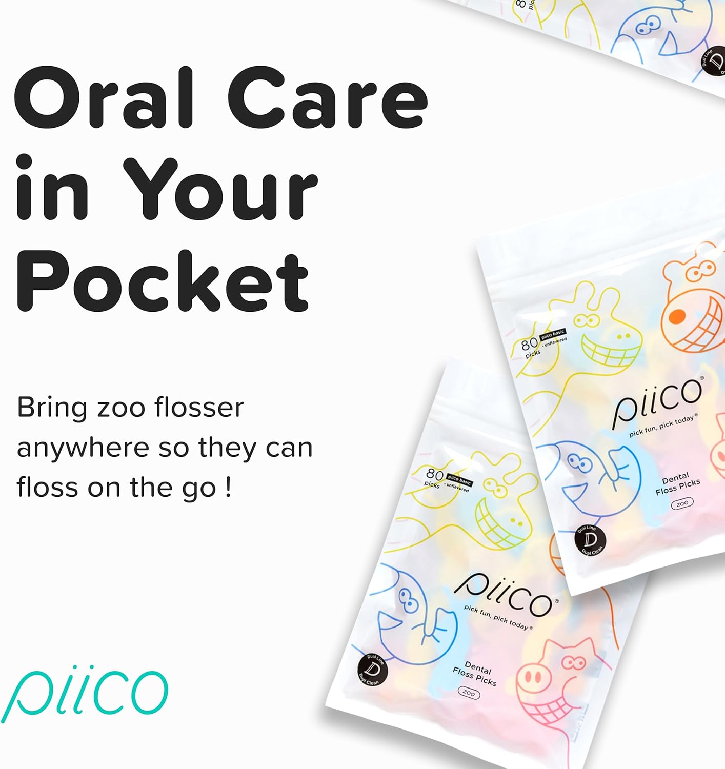 Piico Unflavored Kids Floss - No Fluoride Dual Line Dental Floss Picks - Fun Oral Care in Colorful Floss Sticks Design - Kids Flossers Prevent Tooth Decay & Gum Disease - 150 Homebox Zoo & Travel Case