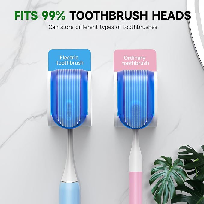 2 Pcs Toothbrush Holders Wall Mounted, Single Slot Design, Shower Self Adhesive Wall Mounted Toothbrush Holder with Cover, Waterproof and Dustproof, Suitable for Bathroom, Family, Travel (Blue)