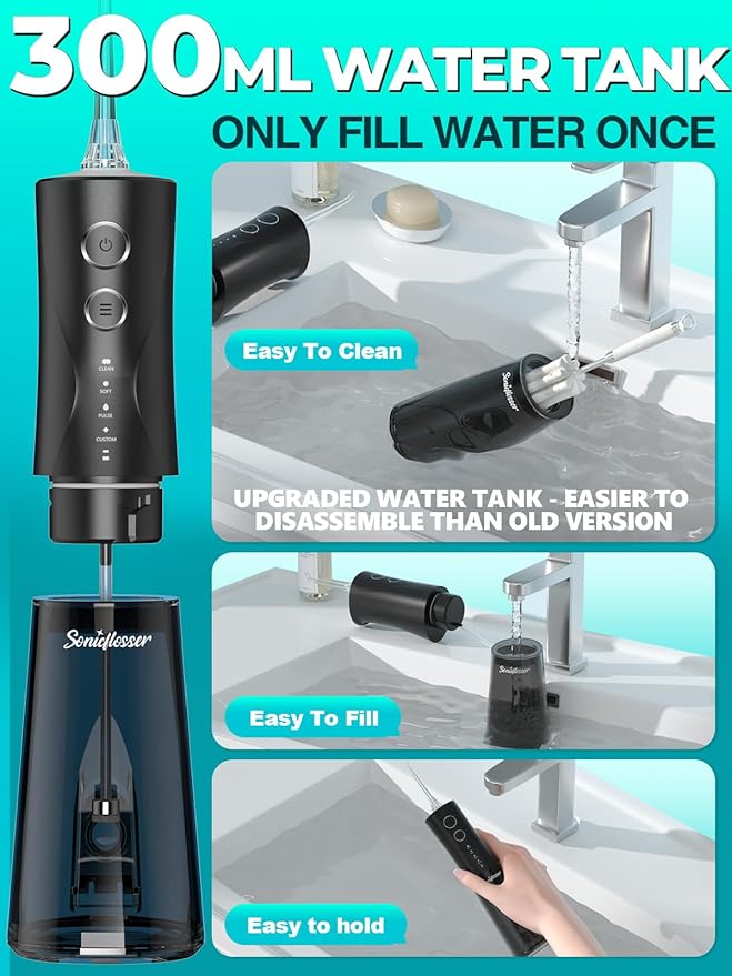 Portable Water Flosser for Teeth Pick - 4 Modes & 5 Tips, 300ML Cordless Design for Home Travel, IPX7 Waterproof, Rechargeable for Ultimate Clean, Ideal for Sensitive Gums and Braces BPA-Free