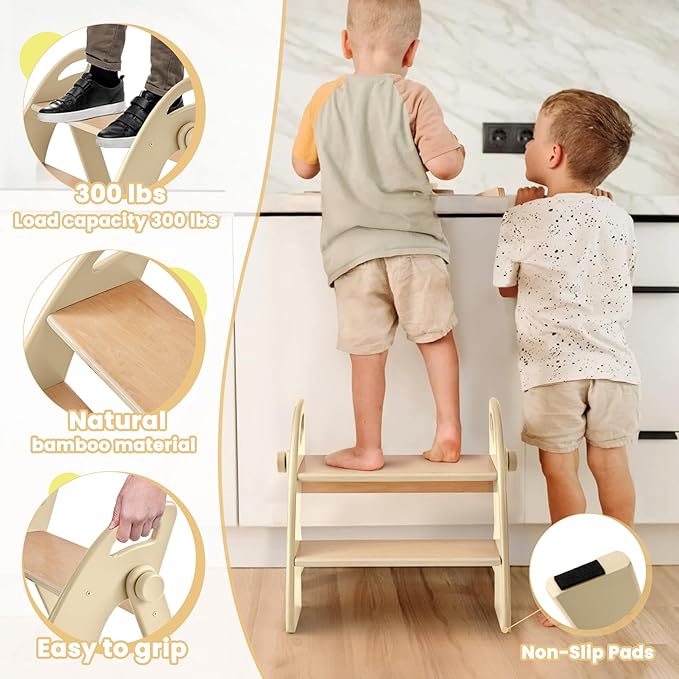 Wooden Step Stool, 300 lb. Load Capacity, with Safety Non-Slip Pads and Handles, Bamboo Step Stool for Bathroom and Kitchen, Gift for Christmas (Log Color)