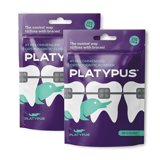 Platypus Orthodontic Flossers for Braces, 30 Count (Pack of 2), Ortho Picks for Adults & Kids, Fits Under Arch Wire, Non-Damaging, Encourage Flossing Habits