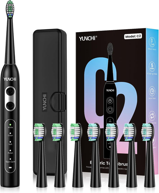 YUNCHI Electric Toothbrush for Adults and Kids, Sonic Rechargeable Toothbrushes with 8 Brush Heads, 1 Travel Case, 90 Days, 2 Min Timer, IPX7 Waterproof, 5 Modes, Type-C, 40000 VPM Motor, Black