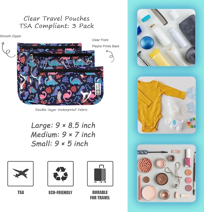 TSA Approved Toiletry Bag, Set of 3 Clear Travel Toiletry Bag Quart Size Zipper Travel Pouch, Waterproof Makeup Cosmetic Bag for Women Men Kids Toiletries Carry on, Dinosaur