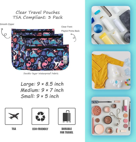 TSA Approved Toiletry Bag, Set of 3 Clear Travel Toiletry Bag Quart Size Zipper Travel Pouch, Waterproof Makeup Cosmetic Bag for Women Men Kids Toiletries Carry on, Dinosaur
