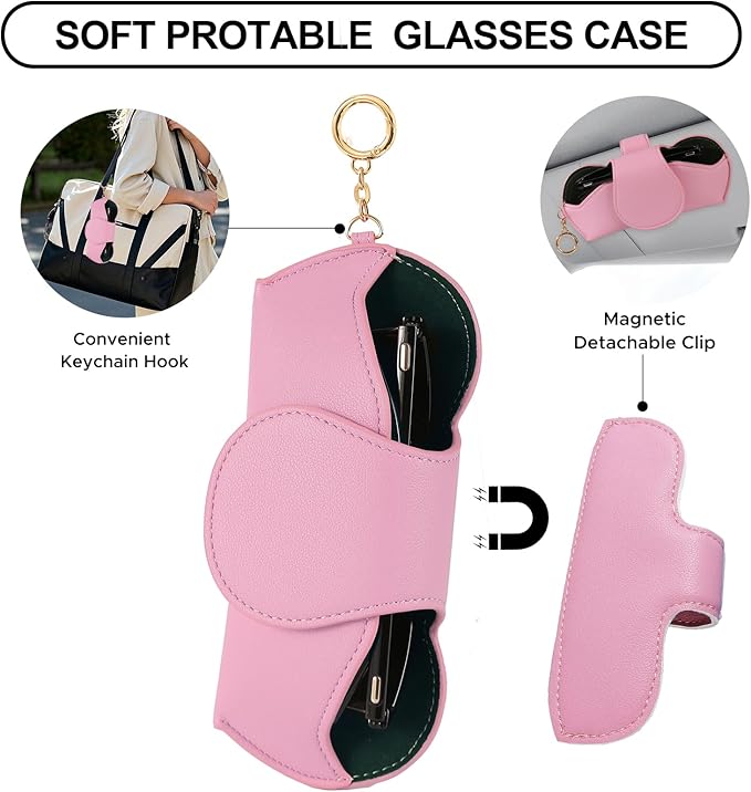 KINIVA Sunglasses Holder for Car Visor with Hanging Hook Portable Leather Glasses Storage Bag with Detachable Clips