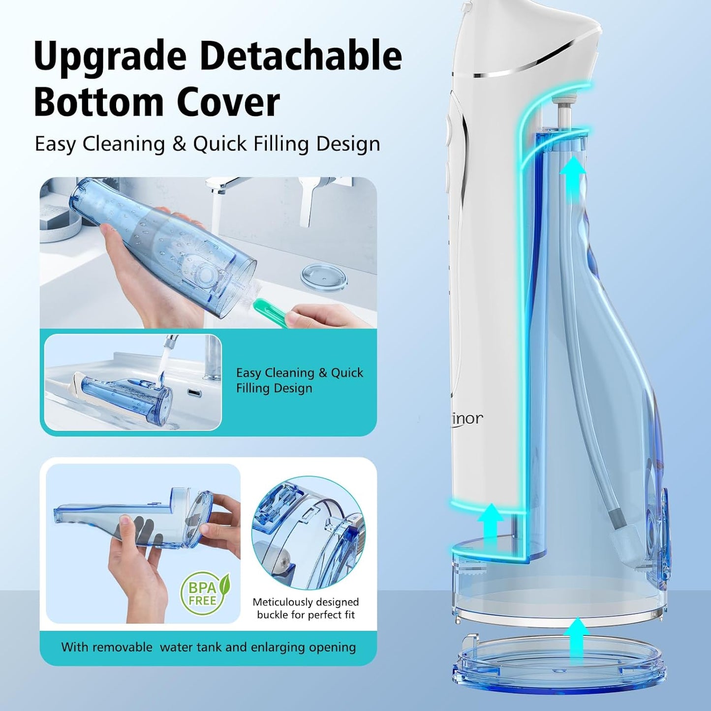 Leominor Water Dental Flosser Pick for Teeth, 300ML Portable Oral Irrigator Upgraded Tank Removable,IPX7 Waterproof, Rechargeable Travel Teeth Cleaner, Professional Electric Flossing (Blue White)