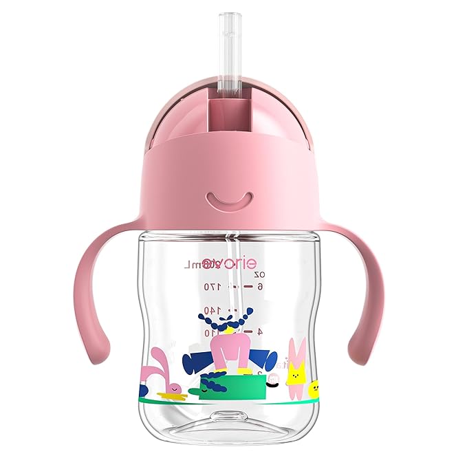 Evorie Tritan Weighted Straw Sippy Cup with Handles for Baby and Toddlers, Spill Proof Baby Water Bottle with Straw for 6 months and up, 7 Oz, Infant Training Water Bottle (Pink Fairy tale)