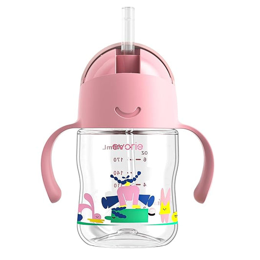 Evorie Tritan Weighted Straw Sippy Cup with Handles for Baby and Toddlers, Spill Proof Baby Water Bottle with Straw for 6 months and up, 7 Oz, Infant Training Water Bottle (Pink Fairy tale)