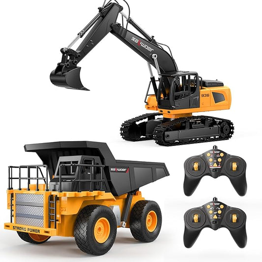 Ruko 1562 RC Excavator and Dump Truck Toy Set, 2.4GHz 9CH Remote Control Construction Vehicles with Lights & Sounds, Metal Bucket, 680° Rotation, Realistic 1:24 Scale Trucks for Kids