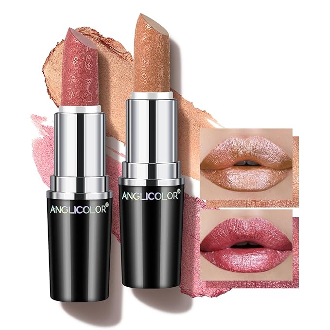 Anglicolor 2pcs Metallic Glitter Pink and Nude Lipstick High Impact Lipcolor,Moisturizing Creamy Formula,Lipstick For Women,Smooth and Non-Sticky,Full-Coverage Lip Color