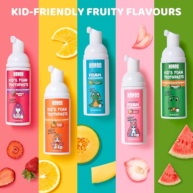 NOHOO Fluoride Free Foam Toothpaste Kids Fruit Flavour,Natural Training Toothpaste for Baby Toddler Children Oral Cleaning and Cavity Protection Strawberry Orange Peach Watermelon