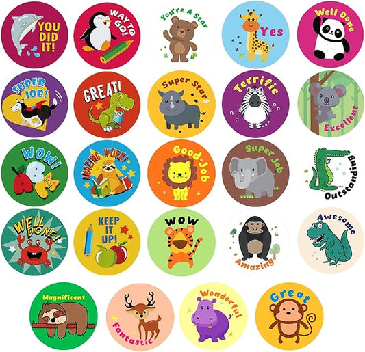 3 Rolls Motivational Stickers for Kids 1500 Pcs Round Animal Incentive Stickers for School Classroom Potty Training Rewards (Multicolour Animal)
