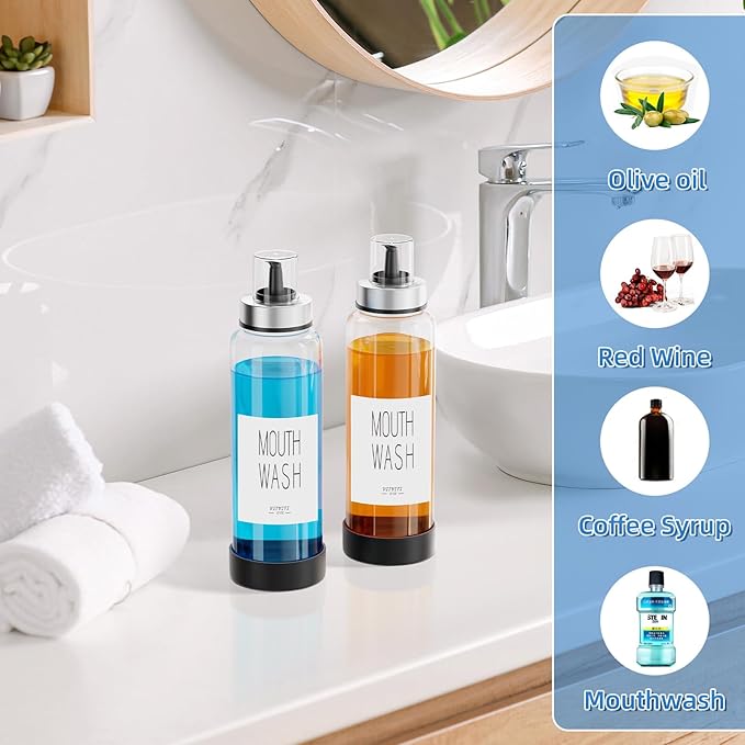 VITVITI Mouthwash Dispenser for Bathroom, Glass Mouth Wash Container with Cup Lid, 17OZ Clear Refillable Mouthwash Bottle Decanter with Silicone Pad/Labels, Set of 2