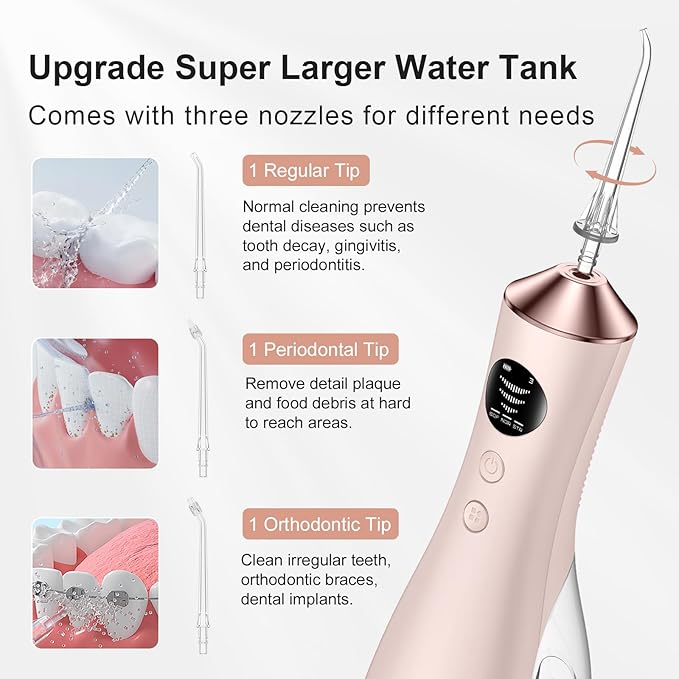 Water Dental Flosser for Teeth, Portable Cordless Water Flosser with 300ML Rechargeable with Type-C, IPX7 Waterproof Water Flossers for Adults with 3 Intensity Modes and 3 Flossing Tips Golden Pink