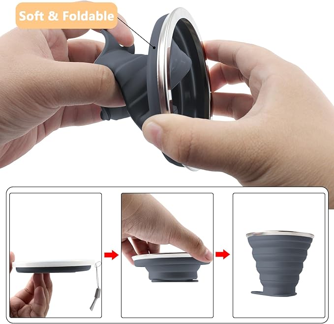 Litoexpe 4 Pack Silicone Collapsible Travel Cup Portable Folding Camping Cup Sets with Lids, Dark Gray & Pink & Navy Blue &Teal, Capacity 9.22oz (270ml)