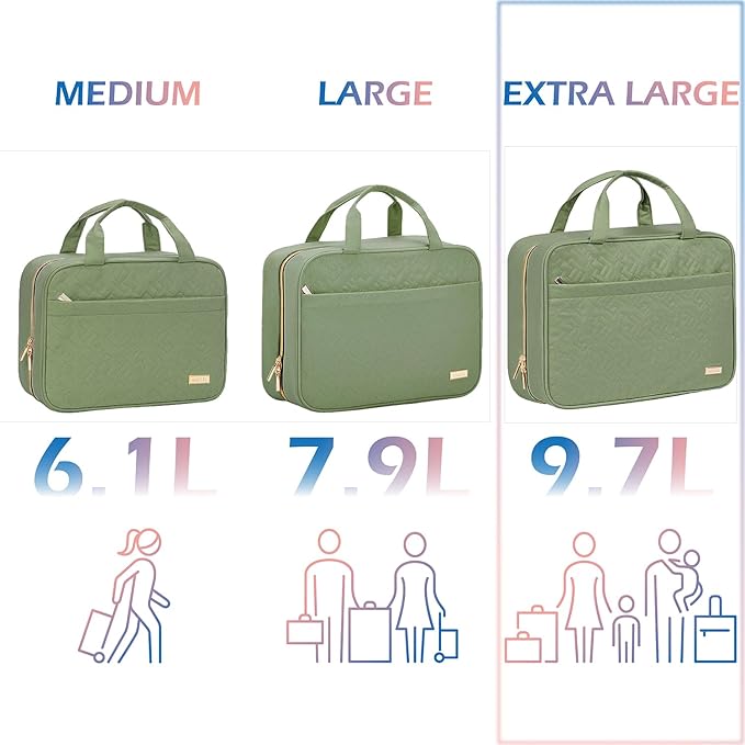 NISHEL Travel Toiletry Bag for women, Portable Hanging Organizer for Family-Sized Shampoo, Conditioner, Brushes Set, Makeup Accessories, Extra Large Size, Green